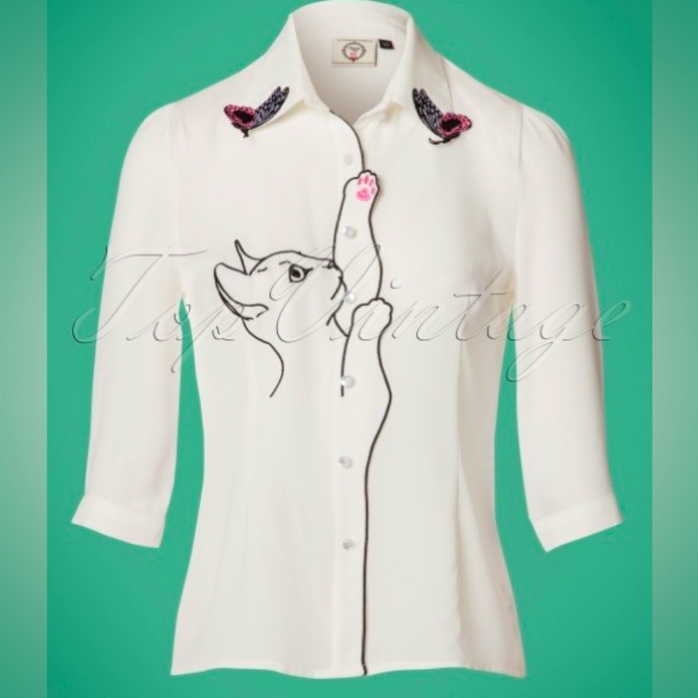 Snow Bird Cat & Butterfly Top by Banned Retro - Picture 2 of 13